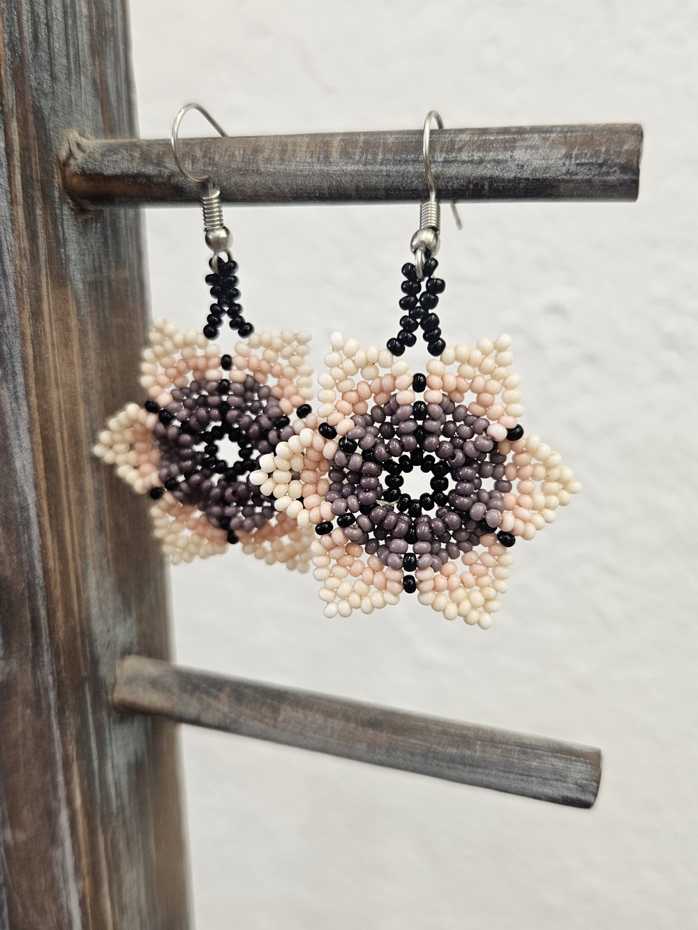 Handmade Beige & Mauve Beaded Flower Earrings - Women Jewelry